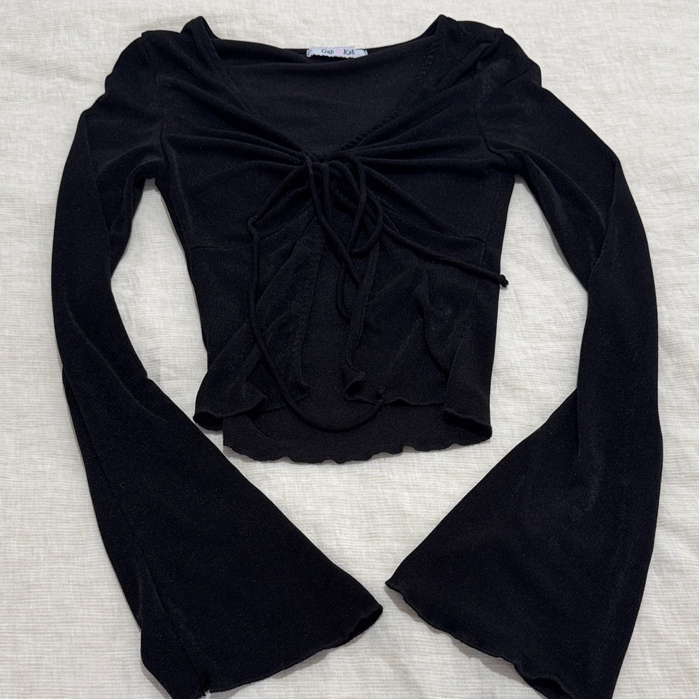 Gab & Kate Sheer Long Sleeve Tie Front Keyhole Top